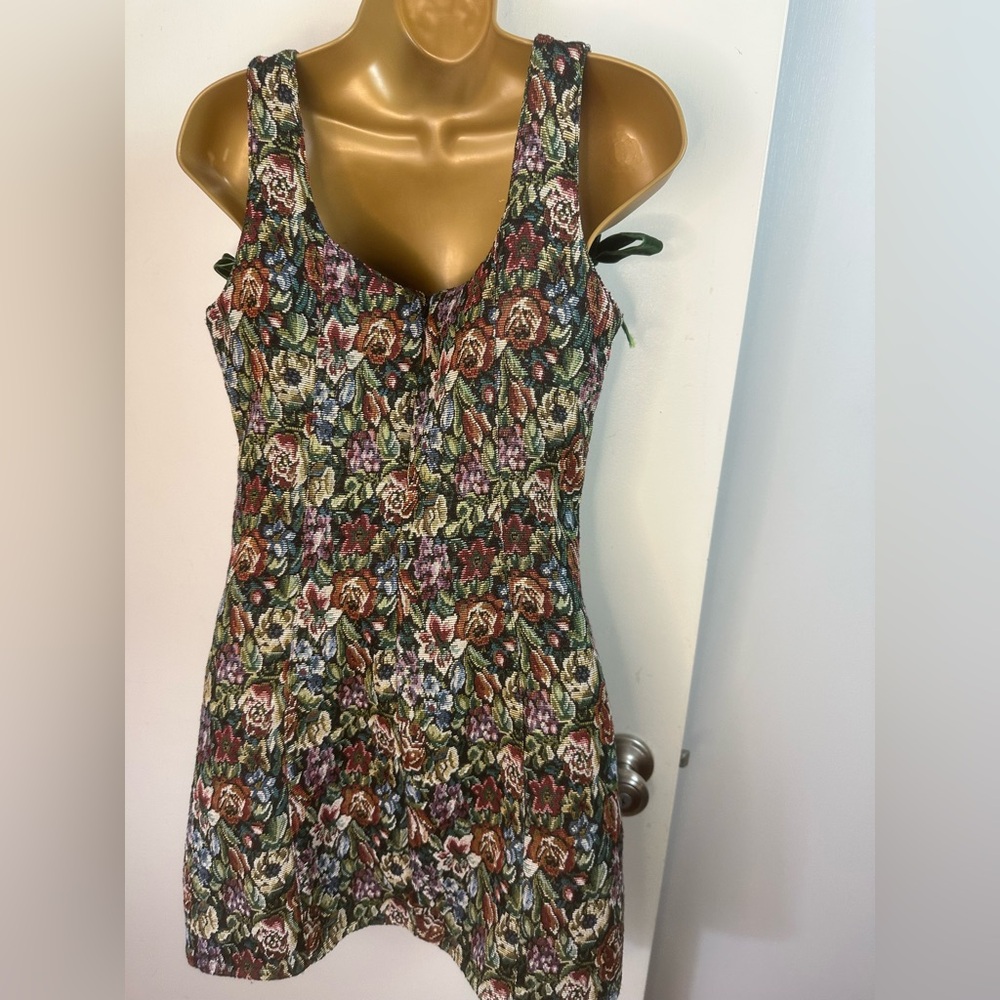 Dolls Kill Floral Tapestry Mini Dress with Green Velvet Ties - Picture 3 of 16